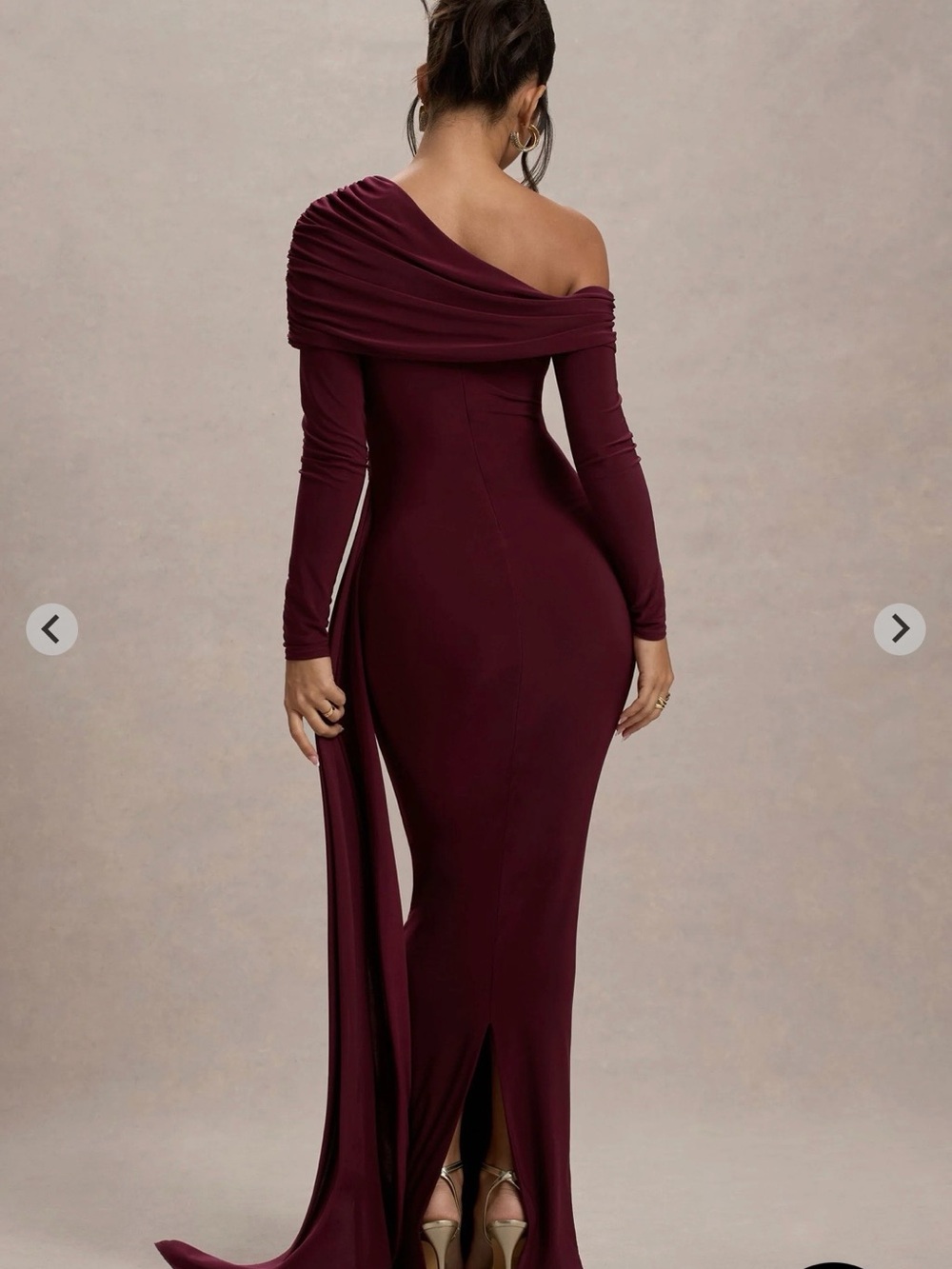 Club L London Wine One-Shoulder Ruched Evening Gown - Picture 3 of 6